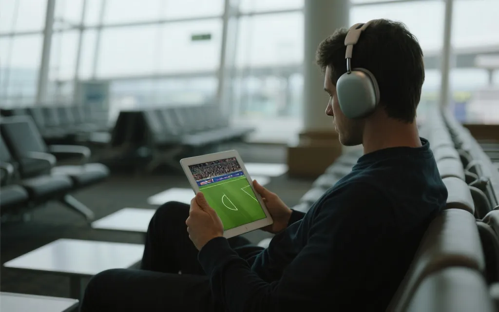 旅行中在机场或酒店公共区观看足球直播的场景，屏幕上是比赛画面但不含具体品牌